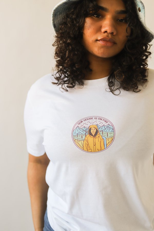 girl wearing t-shirt with Greta Thunberg on made from affordable sustainable organic cotton clothing